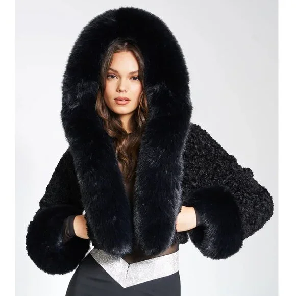 💋CHIC & SEXY💋Lux Black Vegan Shearling Lamb & Fox Fur Hoodded Crop Jacket - Picture 10 of 16